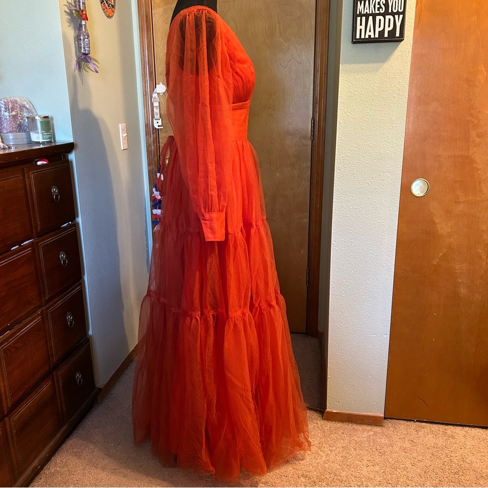 NWOT burnt orange tulle puffy sleeve long prom dress size 10 bridesmaid formal - Picture 2 of 8